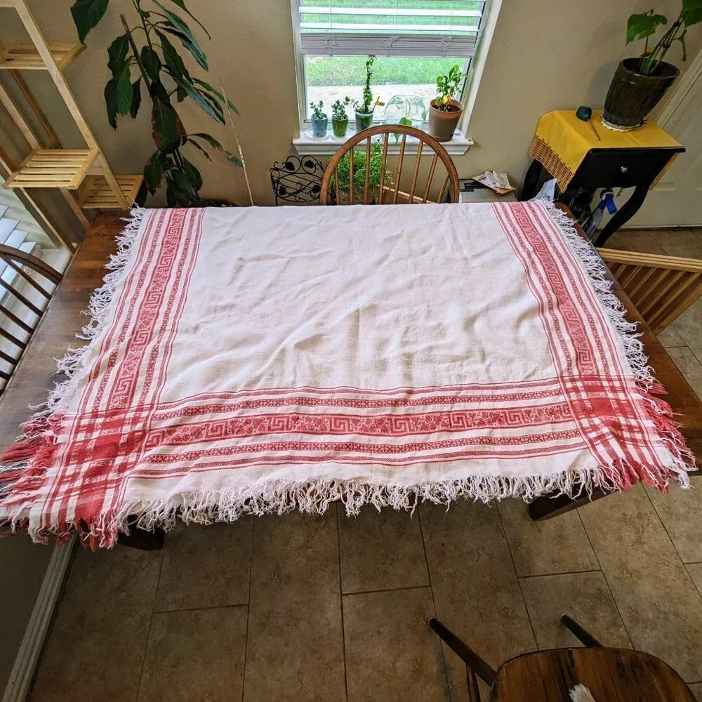 White & Red Linen Fringe Vintage Tablecloth